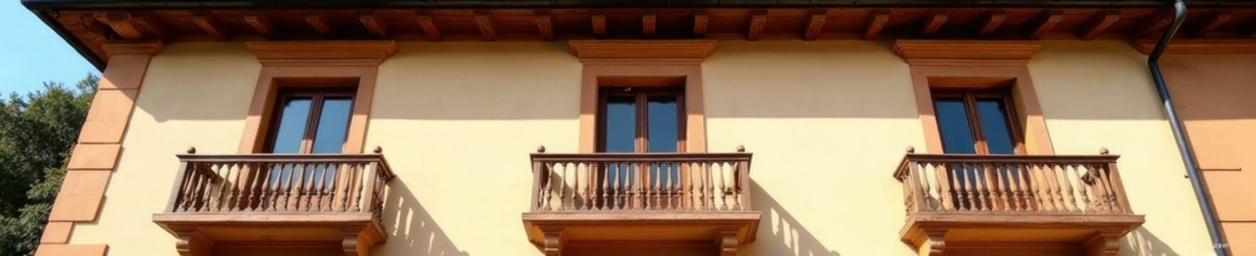 Cornice in legno con balcone a finestre rettangolari, architettura, decorativo