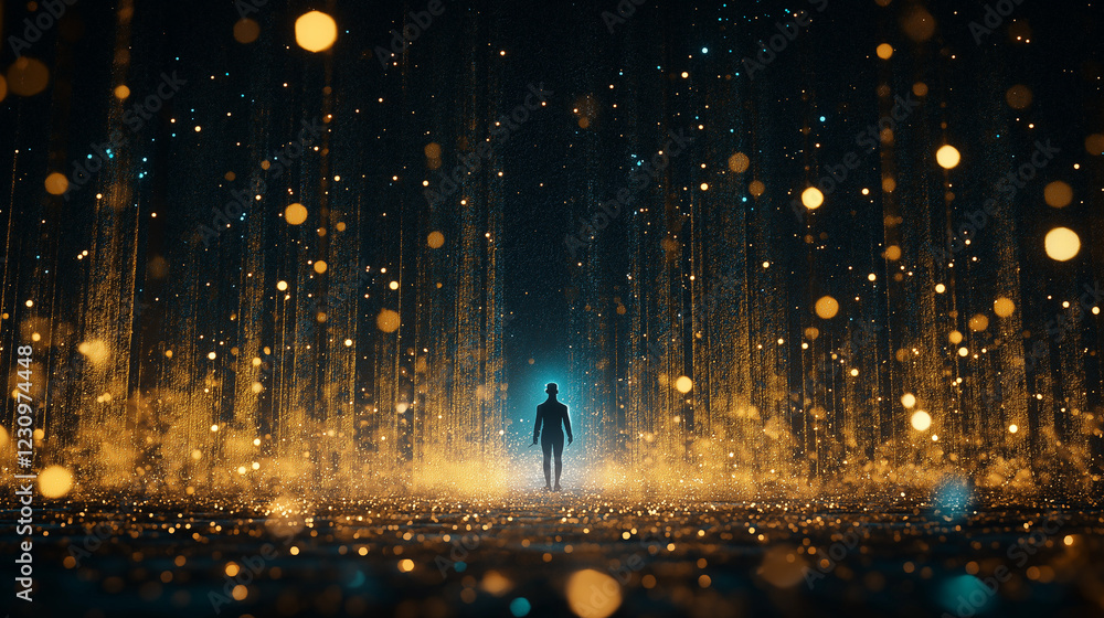 Poster path of light: a solitary figure walks towards the viewer through a ethereal realm of glowing, golde