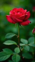 Crimson rose in full bloom amidst lush greenery, foliage, stems