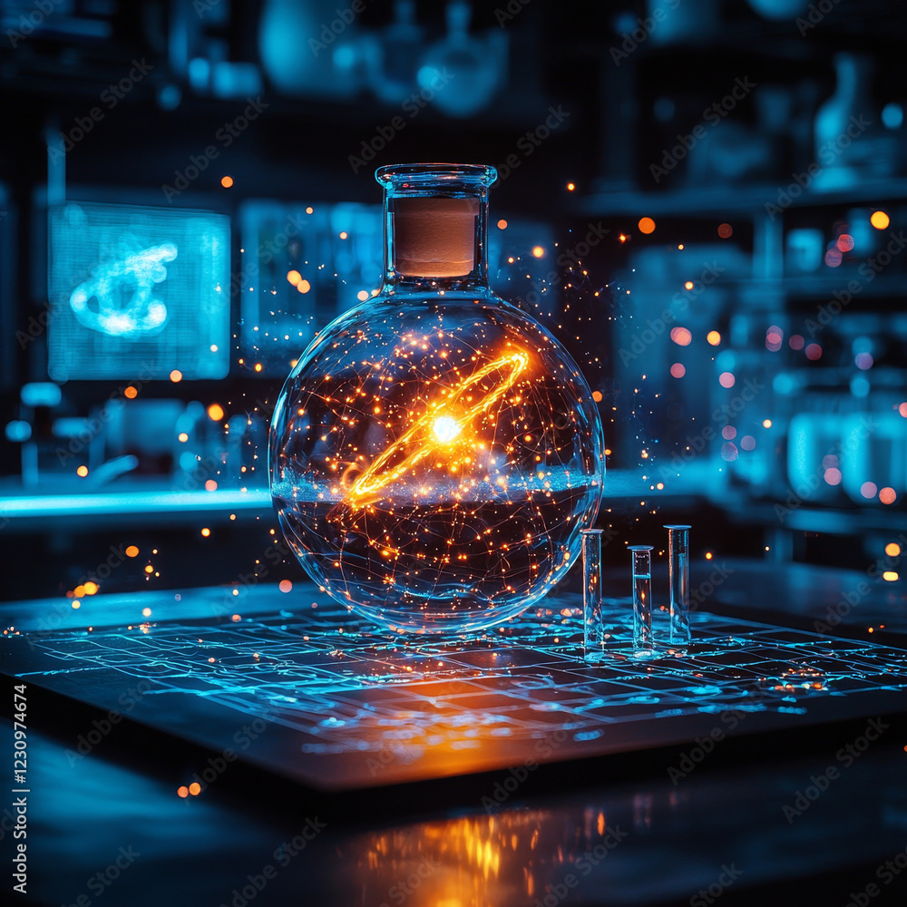 Poster innovative science experiments with glowing flask and sparks