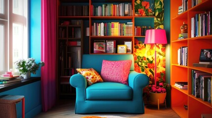 A cozy reading nook with an electric blue armchair, neon orange bookshelf, and striking pink lamp