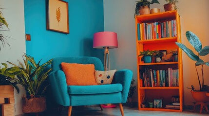 A cozy reading nook with an electric blue armchair, neon orange bookshelf, and striking pink lamp