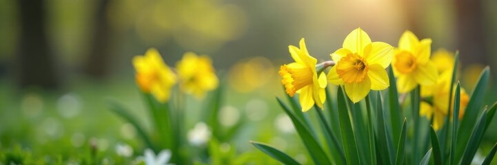 Fototapeta premium Daffodil plants in a spring garden with a subtle misty atmosphere and soft focus, details, spring
