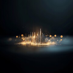 Abstract glowing city skyline with orange lights and shimmering details on a dark background, representing technology, innovation, and urban landscape in a surreal atmosphere.