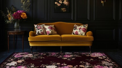 A cozy space with a mustard yellow couch, floral print cushions, and a deep burgundy rug for contrast