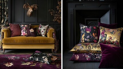 A cozy space with a mustard yellow couch, floral print cushions, and a deep burgundy rug for contrast