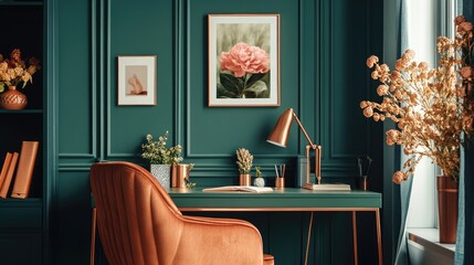 A cozy yet vibrant home office with a muted olive green desk, warm copper chair, and navy accent decor