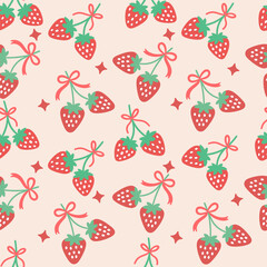 Cute seamless pattern featuring red strawberries with green leaves and coquette bows on a pastel background, ideal for fabric, wallpaper, and textiles