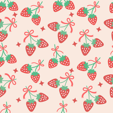 Cute seamless pattern featuring red strawberries with green leaves and coquette bows on a pastel background, ideal for fabric, wallpaper, and textiles