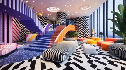 A creative workspace with bold, oversized geometric patterns in vivid hues on the walls