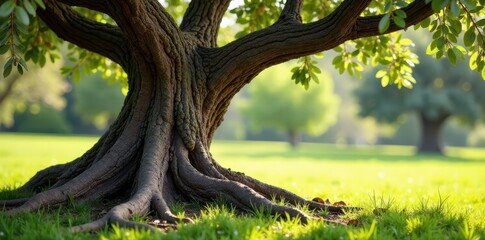 Olive tree trunk with gnarled bark and twisted roots, bark, rustic, natural