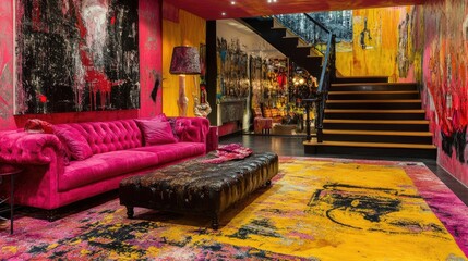 A dynamic and artistic space with a bold pink couch, deep red pillows, and a bright yellow abstract rug
