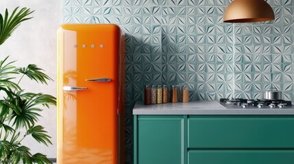 A funky retro kitchen with a bright orange fridge, teal cabinets, and a geometric backsplash