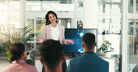 Presentation, meeting and business woman in office for conference, tradeshow and seminar. Public speaking, corporate and person at company event for digital platform, tech training and workshop