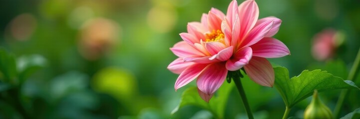 Fototapeta premium Lush greenery swaying around a majestic dahlia blossom, verdant, garden