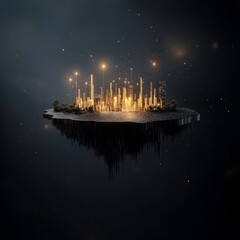 Futuristic Cityscape with Glowing Skyscrapers and Urban Landscape Surrounded by a Dark Stellar Background, Representing Innovation and Technology