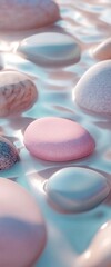 Obraz premium Smooth stones on flowing liquid, pastel background, spa ad