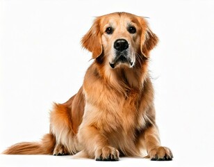  Golden Retriever, 1 and a half years old, sitting in front of white