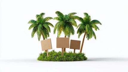 Fototapeta premium Pixelated Palm Trees With Blank Signs On A Tropical Island