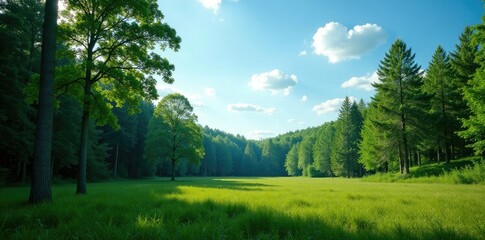 Fototapeta premium Serene forest landscape with trees stretching towards the blue sky, calm, scenery, open
