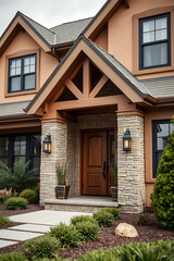 Obraz premium Luxury Home Exterior: Modern Architecture and Landscaping Design. A stunning residential property showcasing beautiful stonework, wooden accents, and meticulous landscaping.