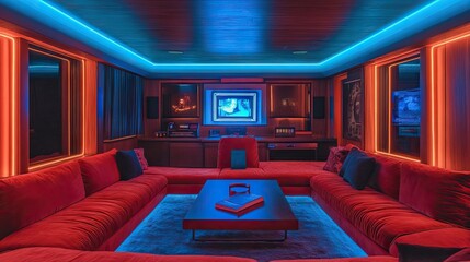 A high-energy gaming room with electric blue lighting, deep red seating, and vibrant neon accents