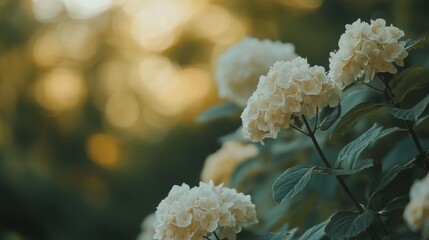 Soft, creamy white hydrangeas bloom in the warm sunlight, creating a serene and peaceful atmosphere.