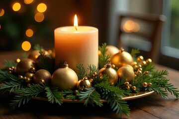 Shiny gold berries adorn a majestic gold accented candle centerpiece amidst lush greenery, sparkling ornaments, golden berries, gold candles