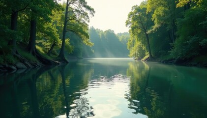 Silvery light on rippling lake waters, surrounding trees sway, serenity, gentle