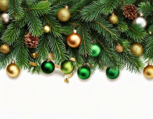 Fototapeta premium Green pine twigs, balls and garlands for Christmas top border isolated