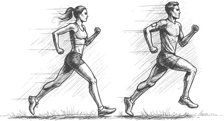 Fototapeta premium Running man and woman, isolated vector charcoal silhouettes. Run, side view. Charcoal sketches of athletic looking male and female runners running. EPS 10 version.