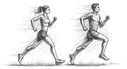 Fototapeta premium Running man and woman, isolated vector charcoal silhouettes. Run, side view. Charcoal sketches of athletic looking male and female runners running. JPEG version.