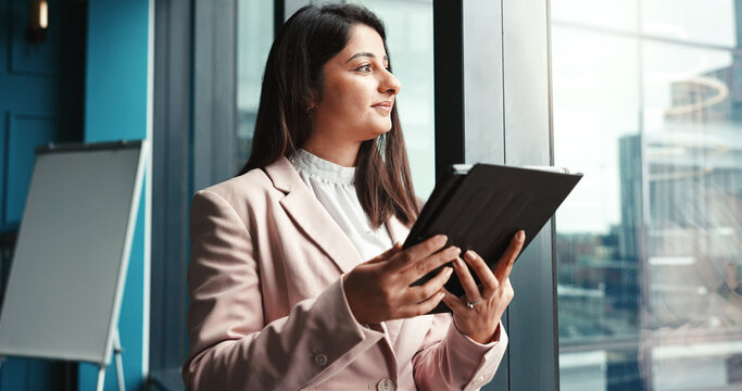 Thinking, tablet and future with business woman in office for workshop coordinator, reflection and corporate trainer. Vision, planning and conference organizer with person in agency for schedule