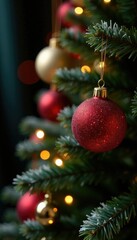 Obraz premium Sparkling red gold balls adorn a glowing Christmas tree, snowflake, green branches