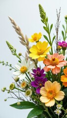 Summer wildflower bouquet with grass and twigs, floral wreath, flowers