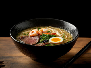 Indonesian noodle soup with beef tofu shrimp vegetables and egg in a white bowl on the wooden table.