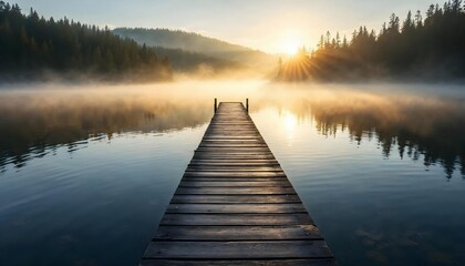 Naklejka premium Sunrise Over Misty Lake with Wooden Pier
