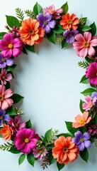 A colorful floral wreath made of flowers and greenery in shades of pink, purple, and orange, garden, greenery, wreath