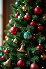 A cluttered Christmas tree with mismatched balls and bells, tree clutter, mismatched ornaments
