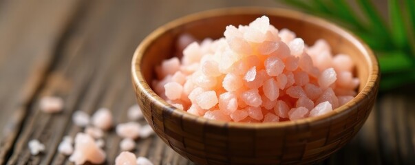 A delicate sprinkle of Himalayan pink salt on a woven bamboo bowl, mineral, bamboo, pink