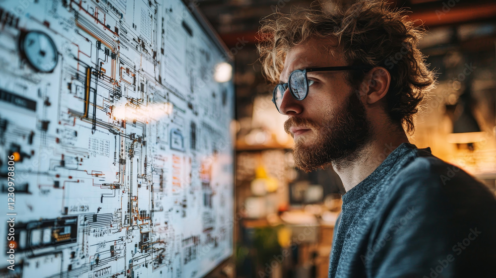 Poster engineer analyzing complex wiring systems with focus
