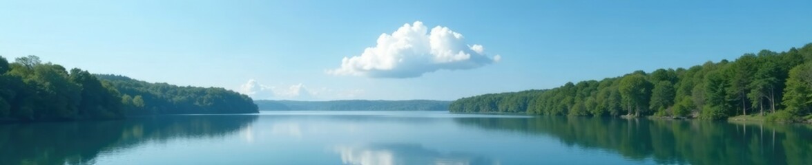 Obraz premium A lone white cloud hovering above a forest lake's surface, cloud, serene, hovering