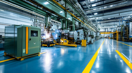 Fototapeta premium skilled worker performs industrial welding in a modern production line, showcasing sparks and metal work. AI generative