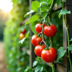 Tomatoes growing in a trellis with other vines, blossoms, greenery, flowers