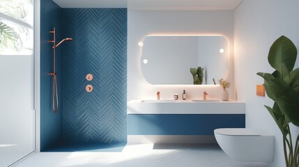 A luxury bathroom with navy blue tiles, bright copper fixtures, and white minimalist decor