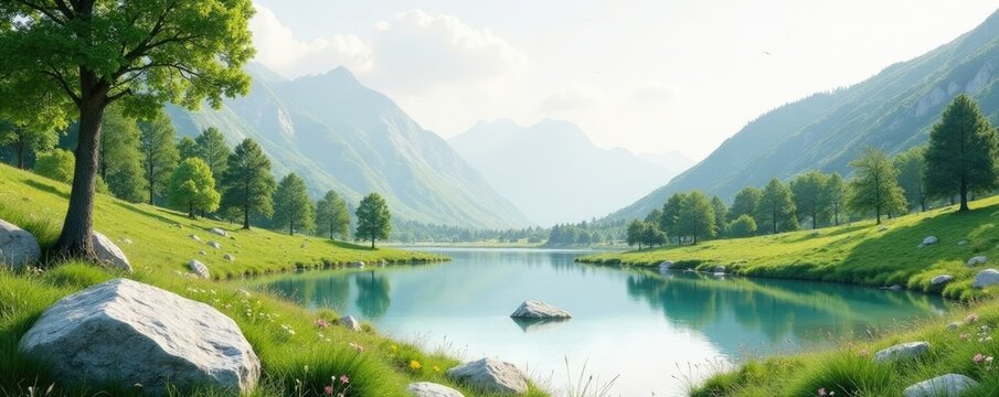 A serene and tranquil natural landscape depicted on a blank white stone canvas, elegance, landscape