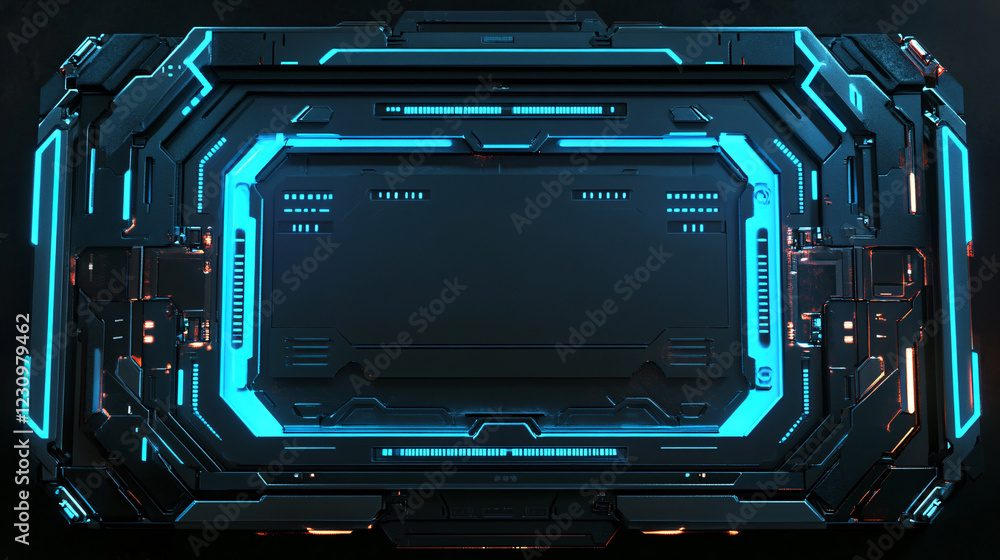 Poster a futuristic 3d render of a hud digital frame, illuminated by glowing blue lines, representing the f