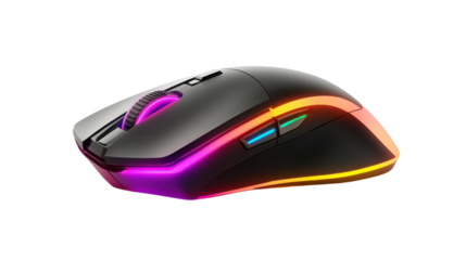 Modern wireless gaming mouse with rgb lighting on transparent background