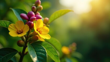 Coffee plant with large yellow and purple flowers blooming in the sun, white, coffee