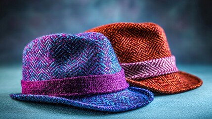 Colorful wool hats on table, studio shot, fashion accessory
